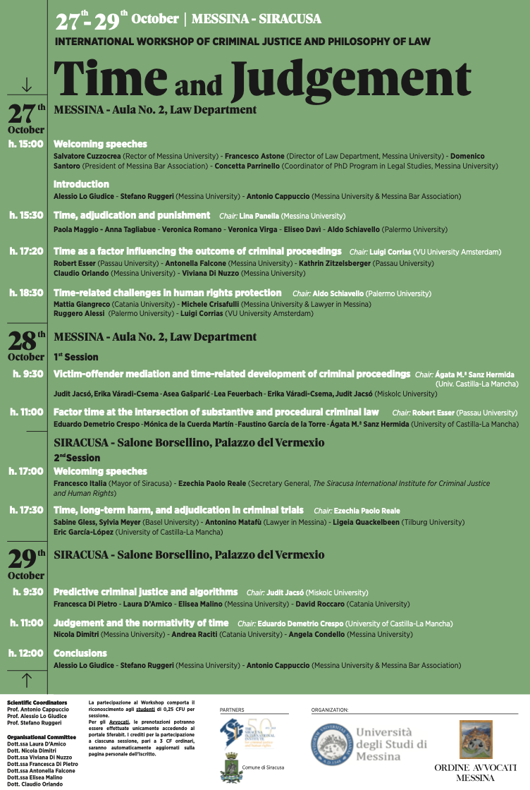 (Italiano) Dal 27 al 29 ottobre 2022 – INTERNATIONAL WORKSHOP OF CRIMINAL JUSTICE AND PHILOSOPHY OF LAW Time and Judgement