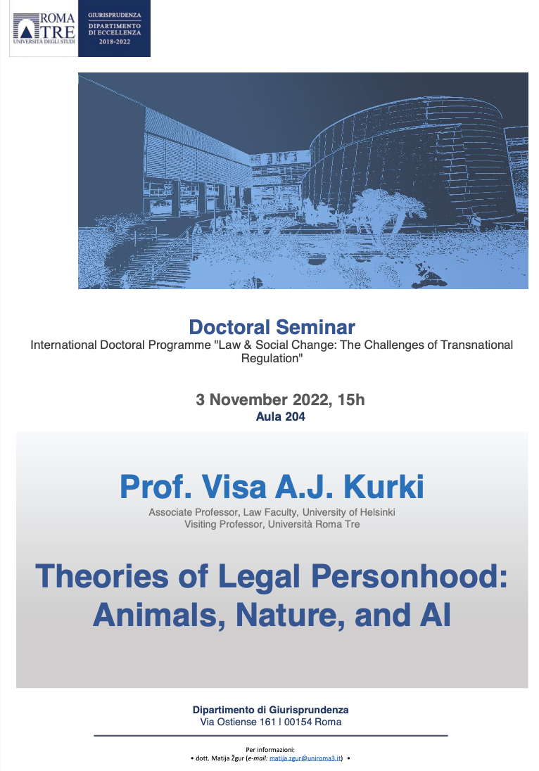 (Italiano) 3 novembre 2022 – Theories of Legal Personhood: Animals, Nature, and AI