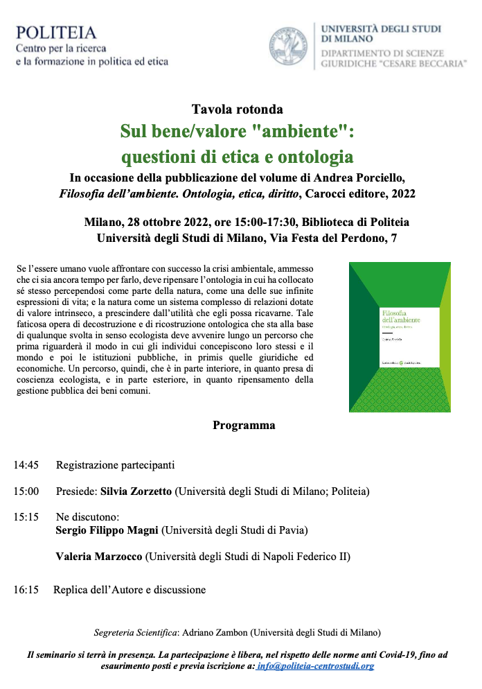 (Italiano) 28 ottobre 2022 – Sul bene/valore “ambiente”: questioni di etica e ontologia