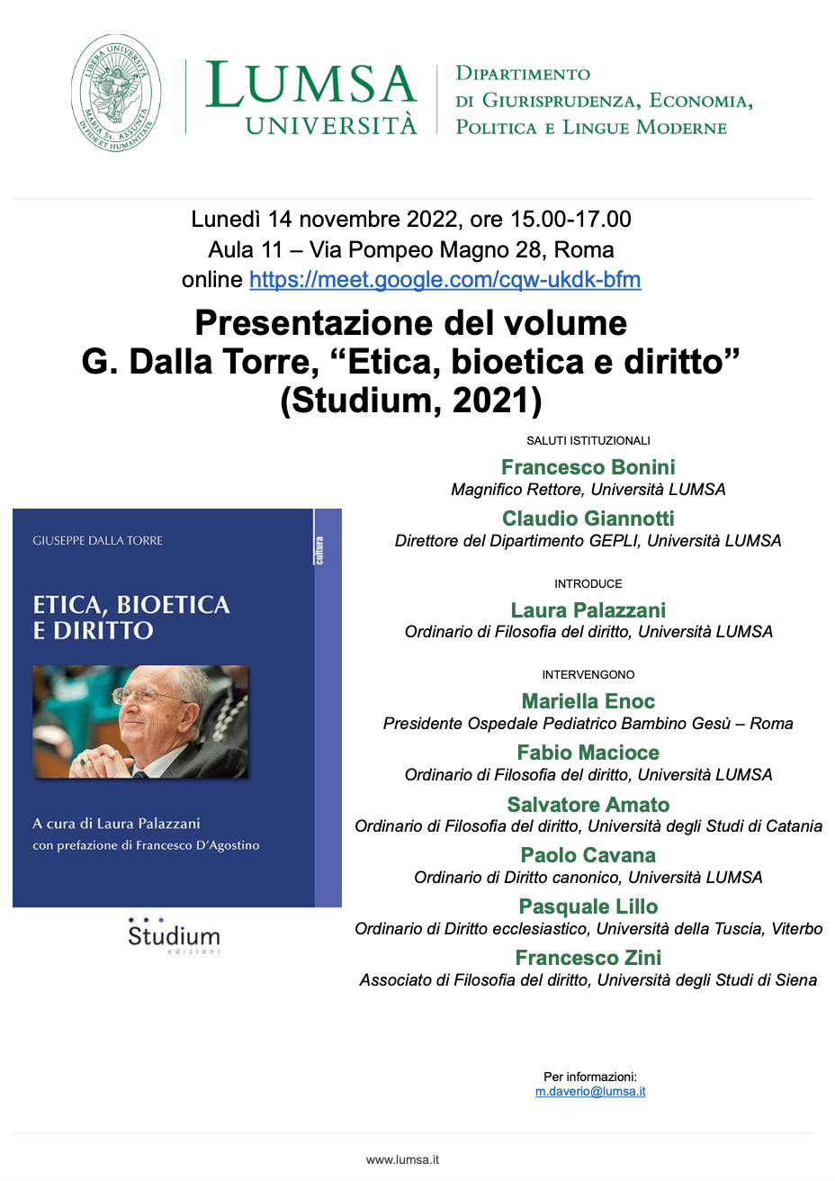 (Italiano) 14 novembre 2022 – Presentazione del volume “Etica, bioetica e diritto”
