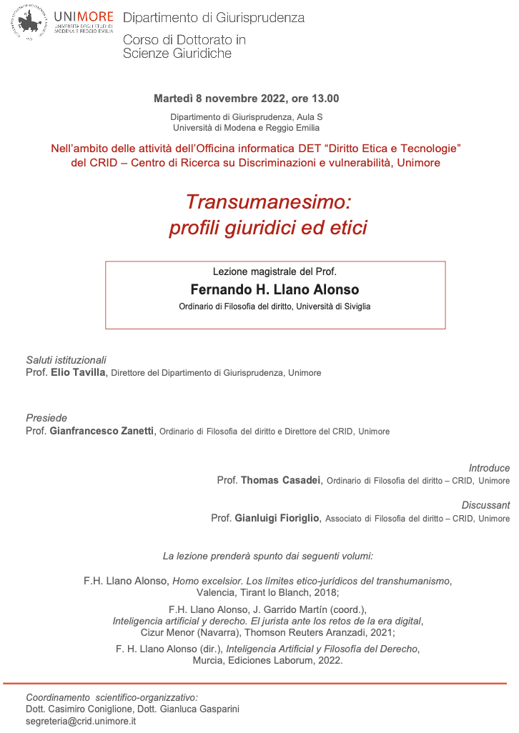 8 novembre 2022 – Transumanesimo: profili giuridici ed etici