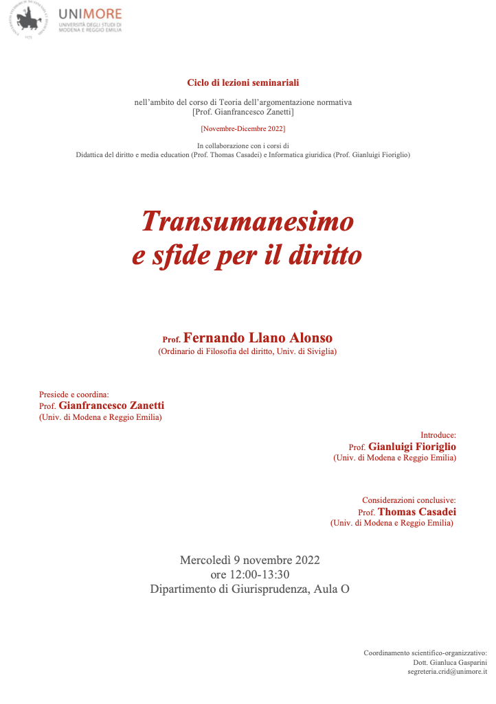 (Italiano) 9 novembre 2022 – Transumanesimo e sfide per il diritto