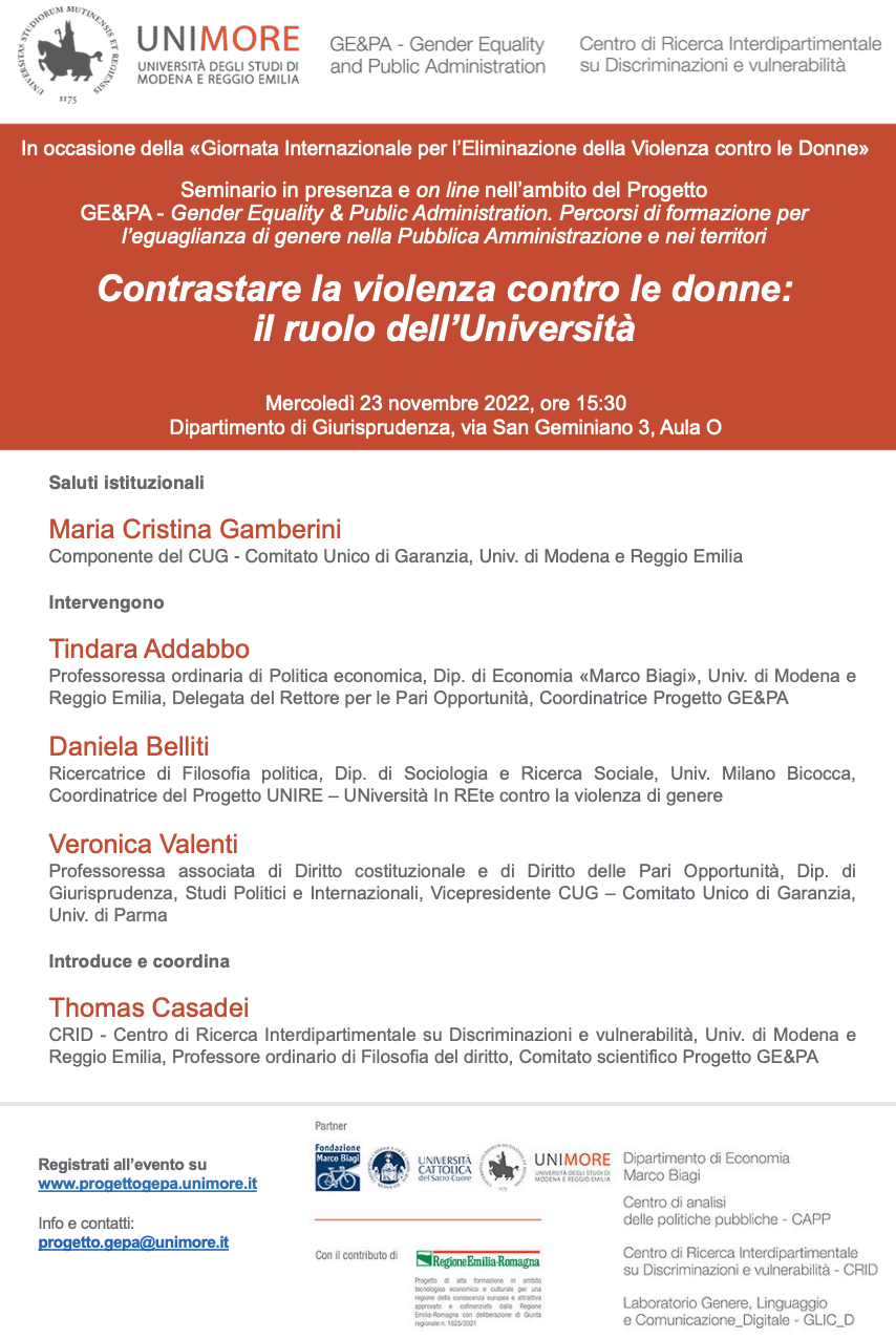 (Italiano) 23 novembre 2022 – Contrastare la violenza contro le donne: il ruolo dell’Università