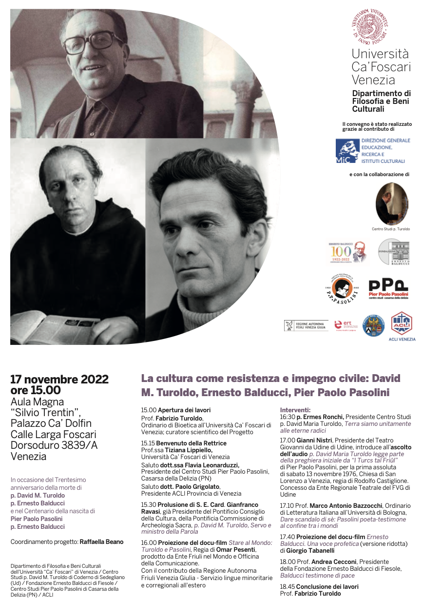 17 novembre 2022 – La cultura come resistenza e impegno civile: David M. Turoldo, Ernesto Balducci, Pier Paolo Pasolini
