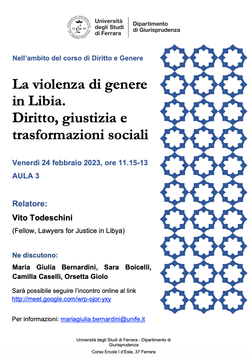 (Italiano) 24 febbraio 2023 – La violenza di genere in Libia. Diritto, giustizia e trasformazioni sociali