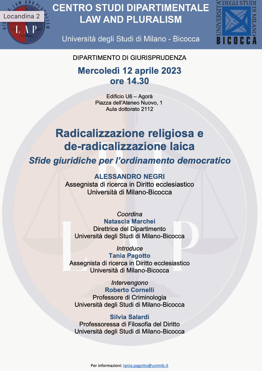 (Italiano) 12 aprile 2023 – Radicalizzazione religiosa e de-radicalizzazione laica Sfide giuridiche per l’ordinamento democratico