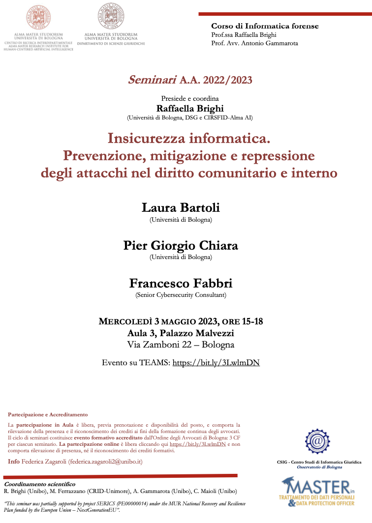 (Italiano) 3 maggio 2023 – Insicurezza informatica. Prevenzione, mitigazione e repressione degli attacchi nel diritto comunitario e interno